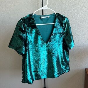 Zara sequin teal women’s tee - deep v - size M/L